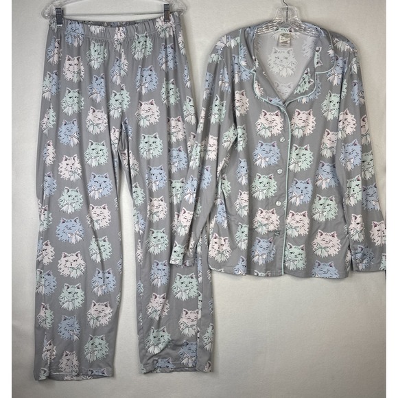 munki munki Other - Munki Munki Pajama Set XL Gray Pastel Cat Face Bow Print Button Up Super Soft